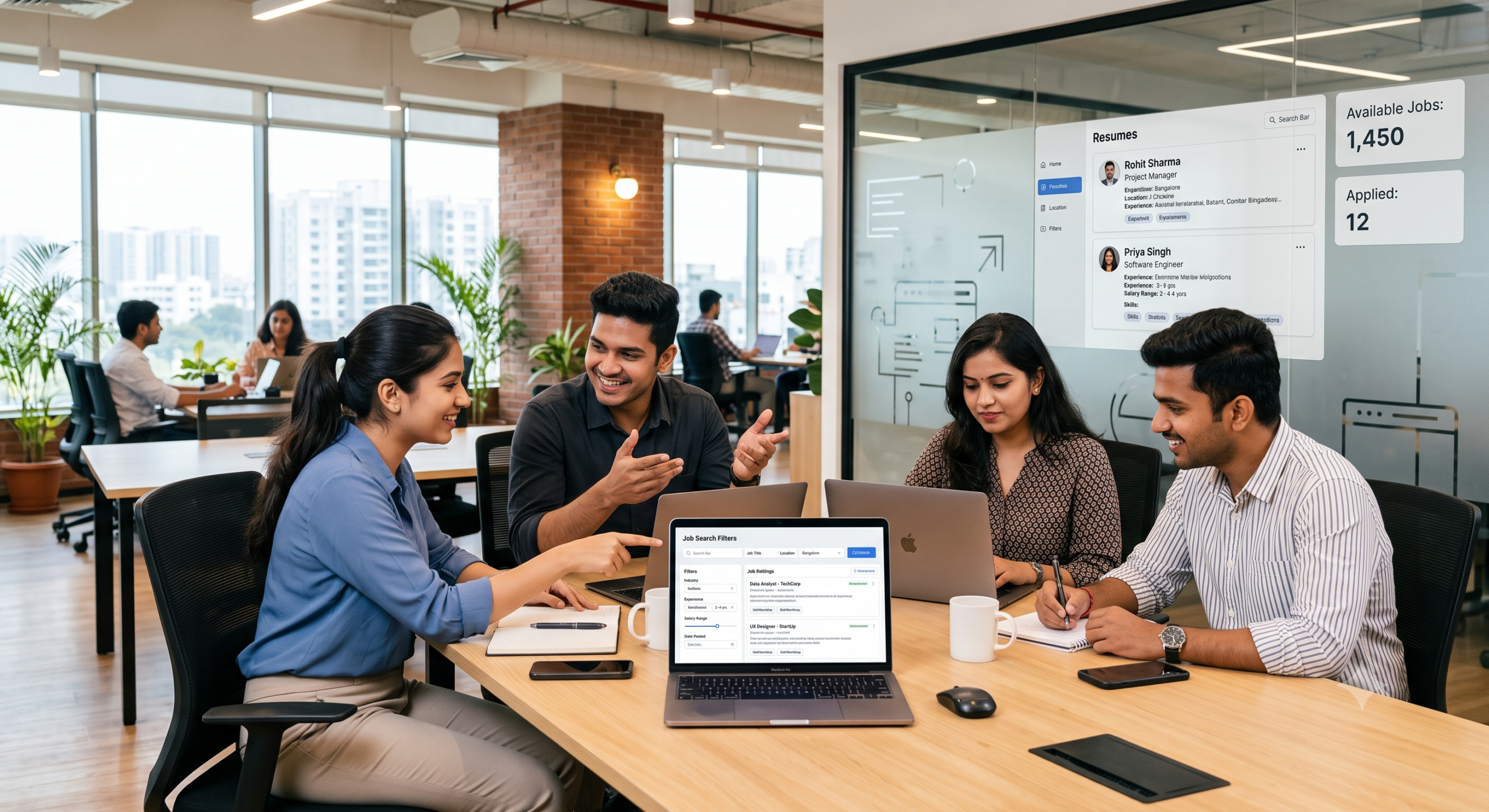 Modern office setting with professionals collaborating and visual digital job search interface overlays.